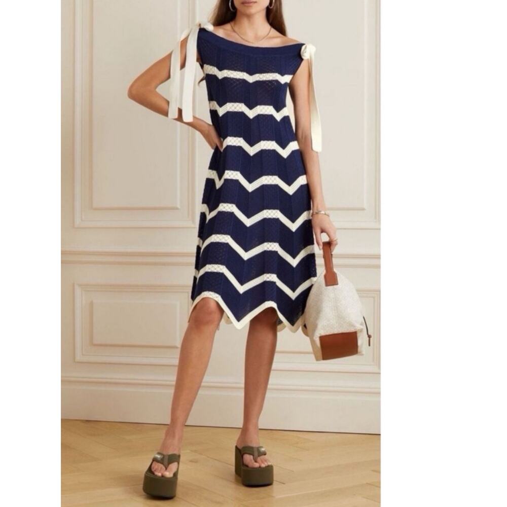 La Double J Chevron Knitted Midi Dress Navy Cream Sz XS Crochet Nautical Preppy